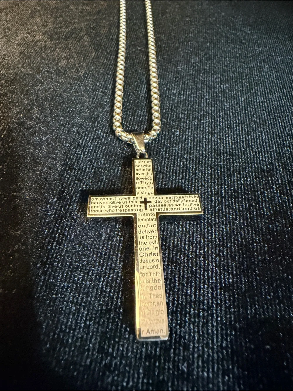 Lord’s Prayer Stainless Steel Cross Pendant w/ 24in white gold filled Cube chain